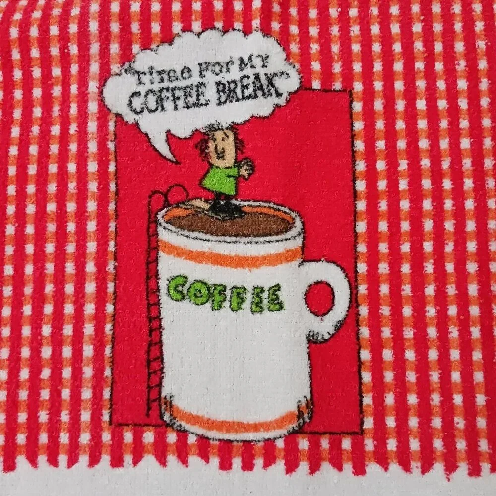 Vtg Time For My Coffee Break Dishtowel‎ Cartoon Red Leshner American Greetings